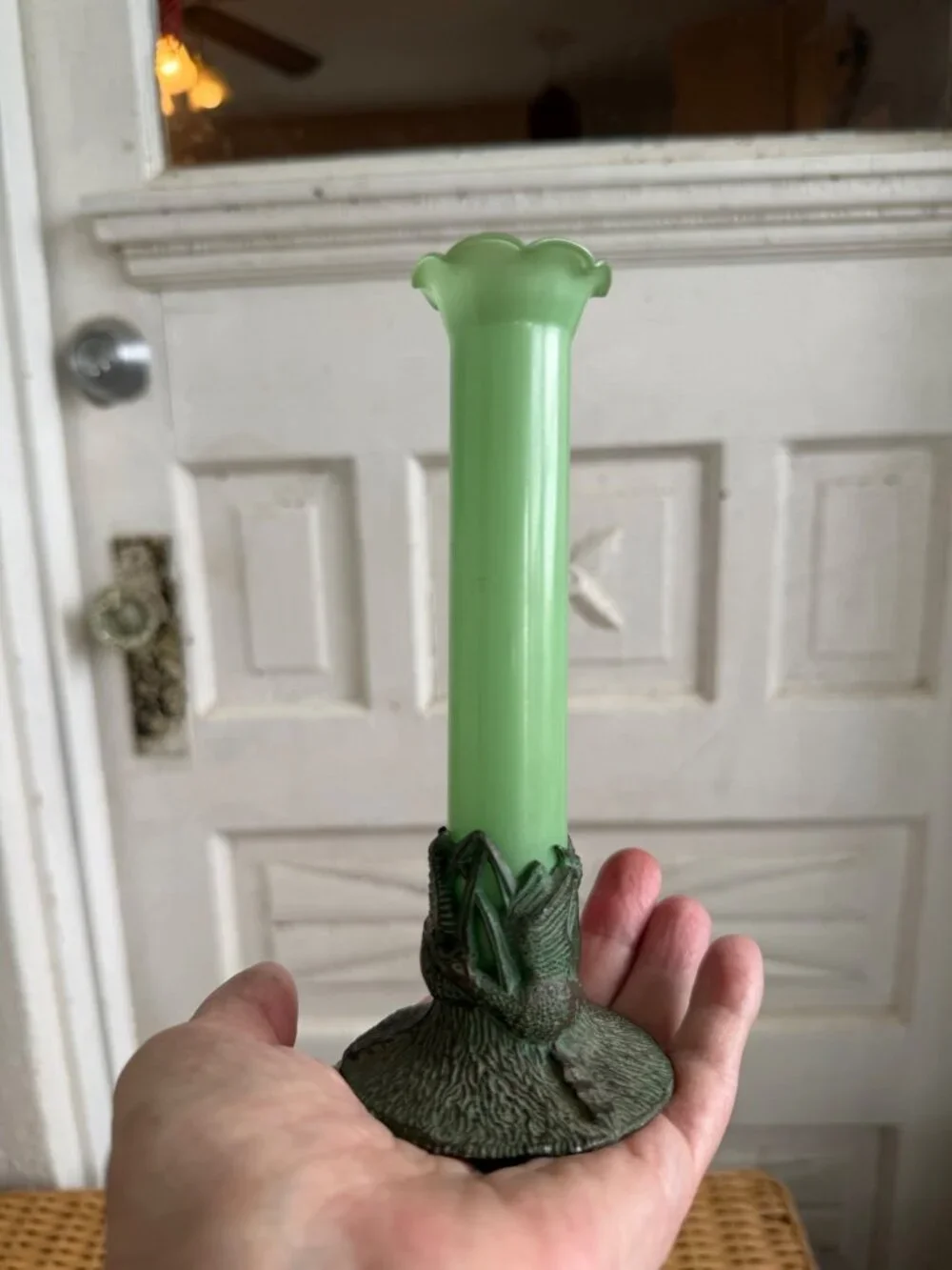 Antique 1910s Nouveau Green Opaline Glass Trumpet Bud Vase Metal Base